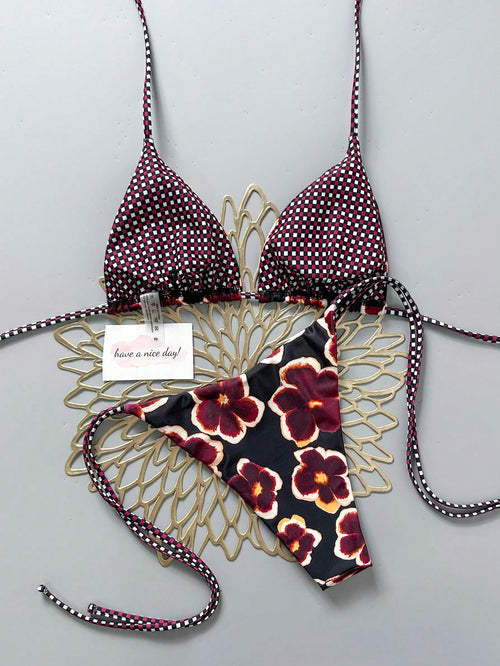 2pcs Retro Floral Colorblock Plaid Print Bikini Swimwear, Suitable