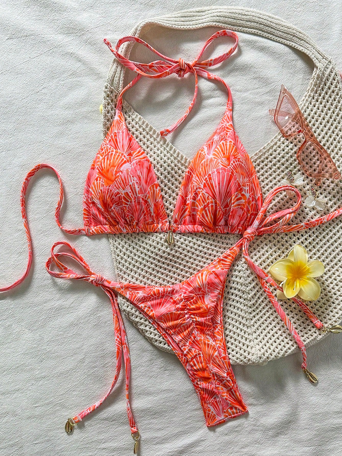 Swim Vcay Springbreak Women's Shell Print Halter Tie Bikini Set,Pink
