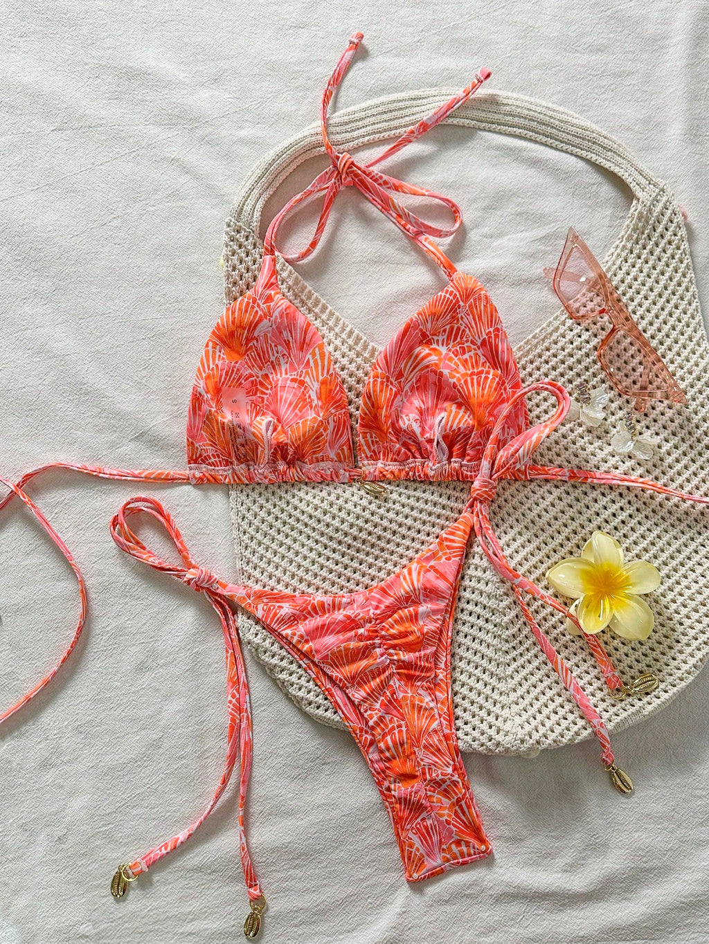 Swim Vcay Springbreak Women's Shell Print Halter Tie Bikini Set,Pink