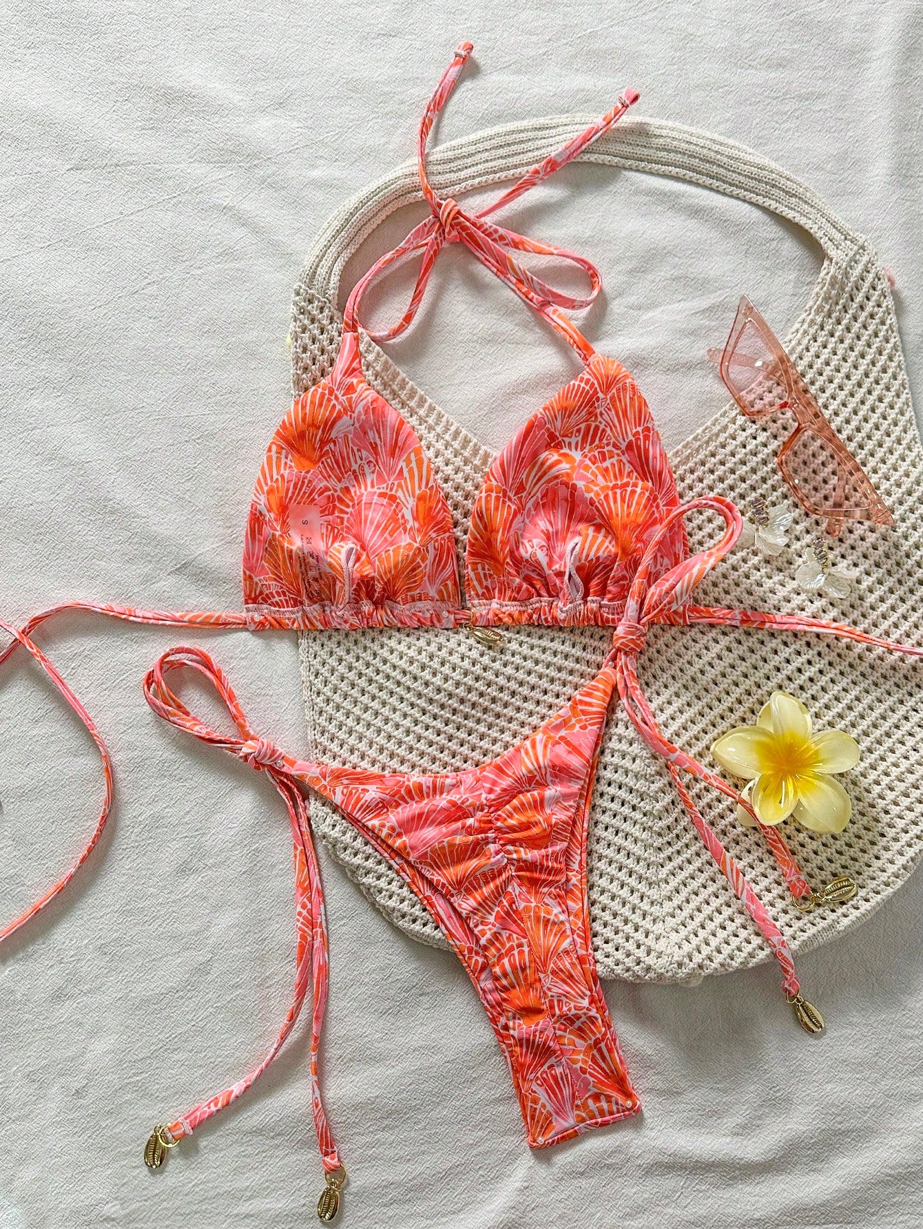 Swim Vcay Springbreak Women's Shell Print Halter Tie Bikini Set,Pink