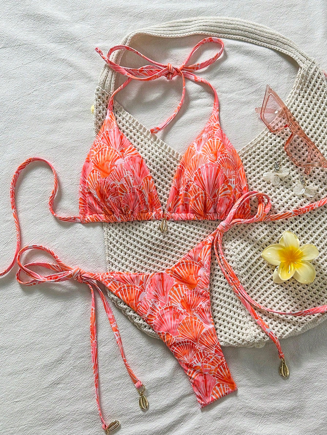 Swim Vcay Springbreak Women's Shell Print Halter Tie Bikini Set,Pink