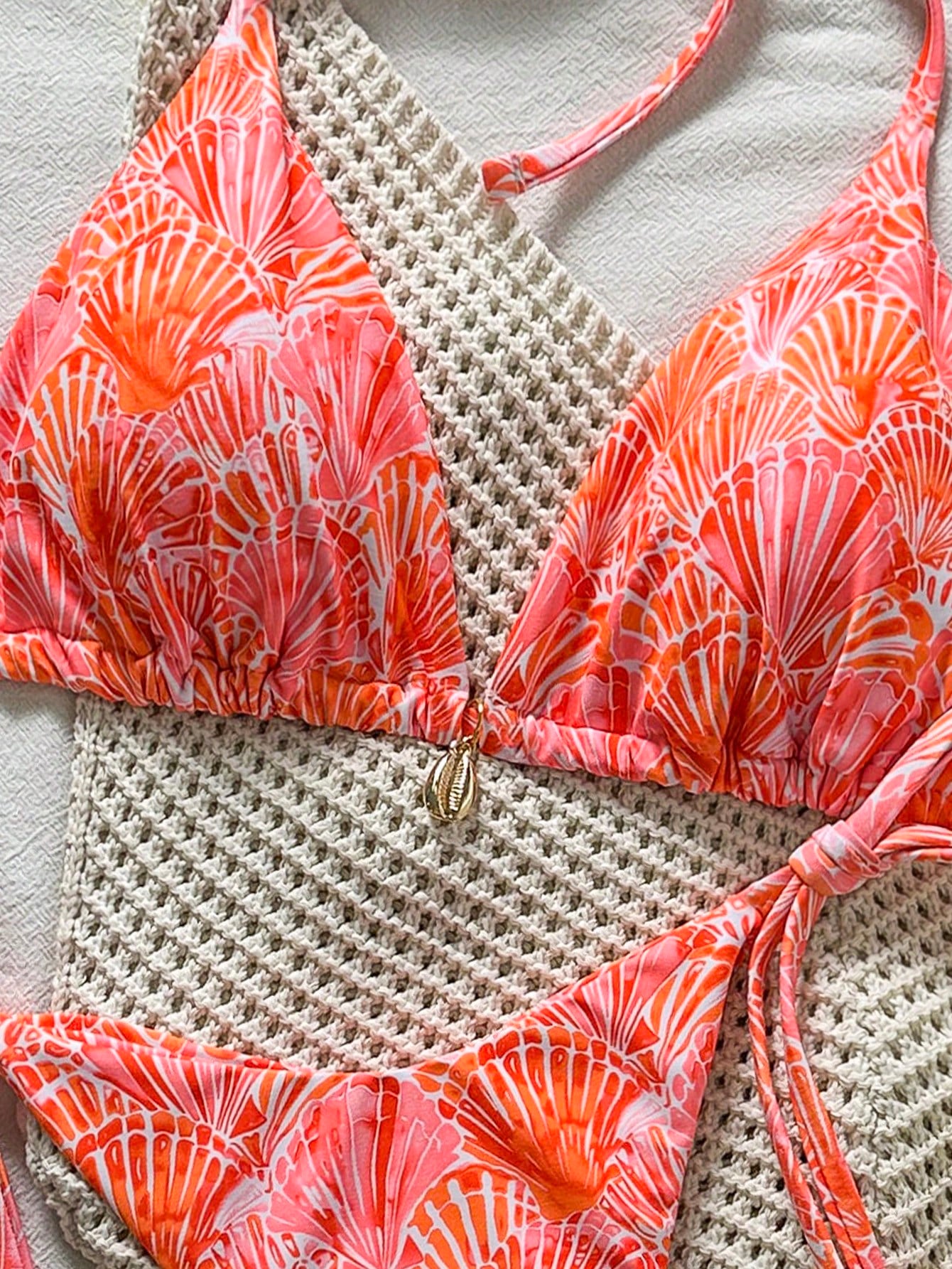 Swim Vcay Springbreak Women's Shell Print Halter Tie Bikini Set,Pink