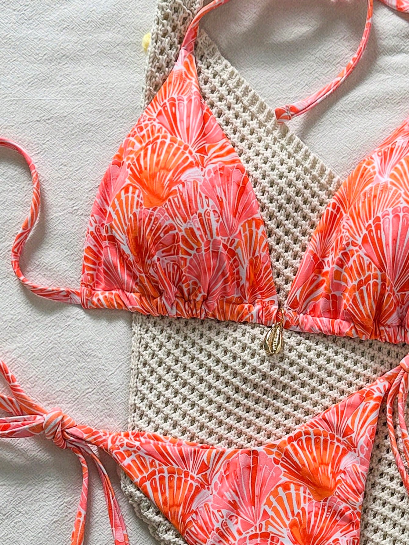 Swim Vcay Springbreak Women's Shell Print Halter Tie Bikini Set,Pink