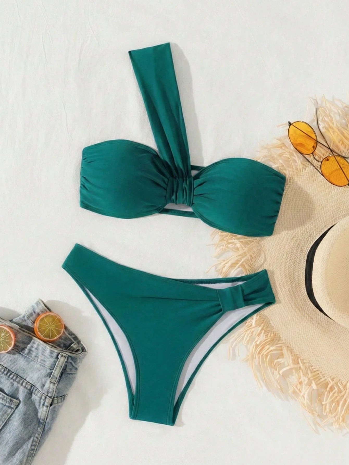 Swim Mod Women Solid Color Asymmetrical Neck Ruched Bikini Swimwear