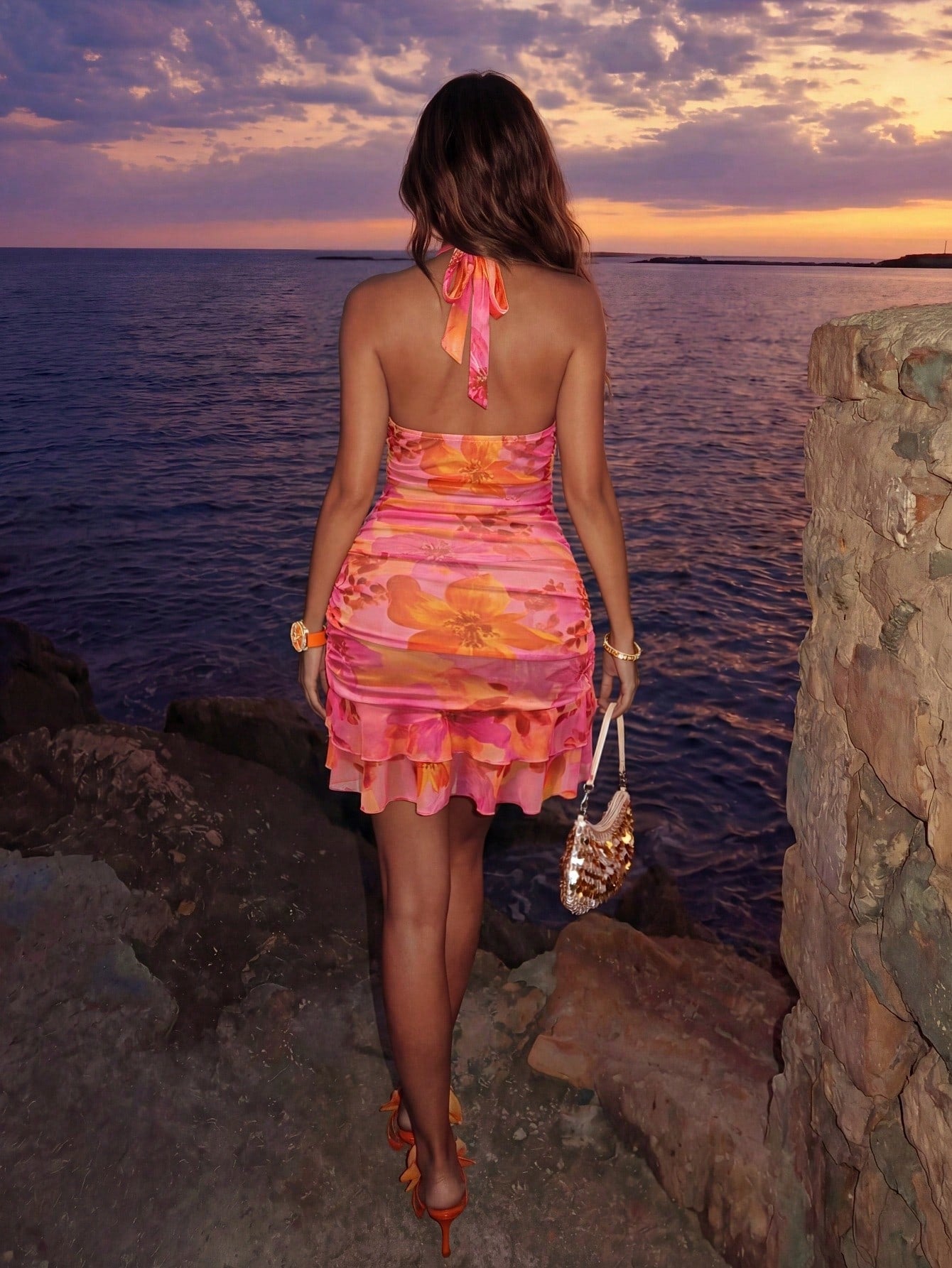 Allurite Women's Elegant Breezy Sexy Short Dress, V-Neck For Summer Beach Vacation Vacation Pink Floral - image 7