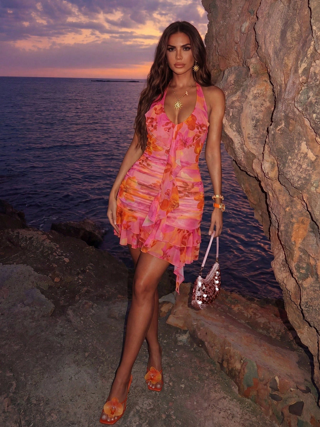 Allurite Women's Elegant Breezy Sexy Short Dress, V-Neck For Summer Beach Vacation Vacation Pink Floral - image 10
