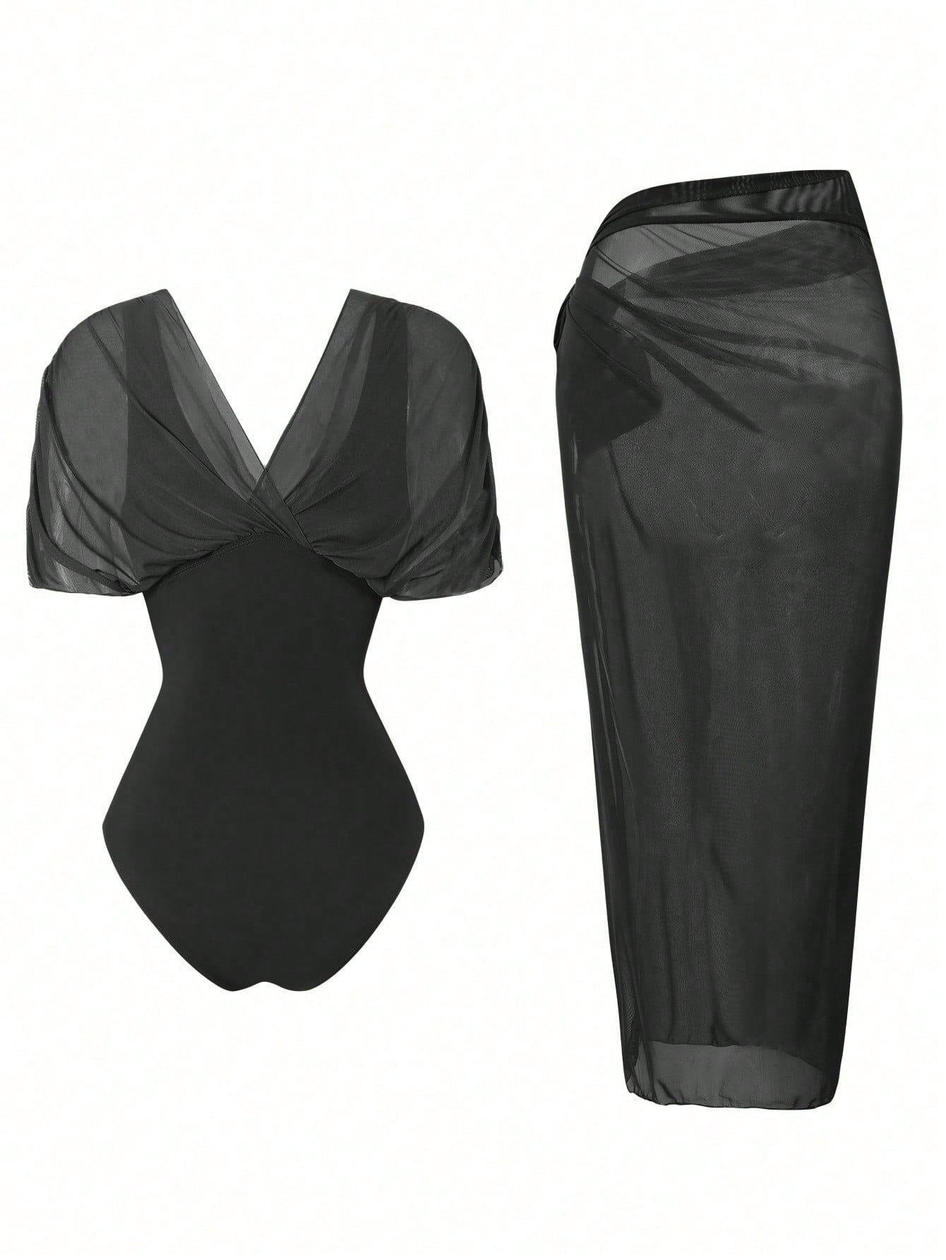Swim Oasis 2026 New Spring/Summer Women 2pcs Solid Color Swimsuit With Mesh Maxi Dress, Beach Vacation Casual - image 9