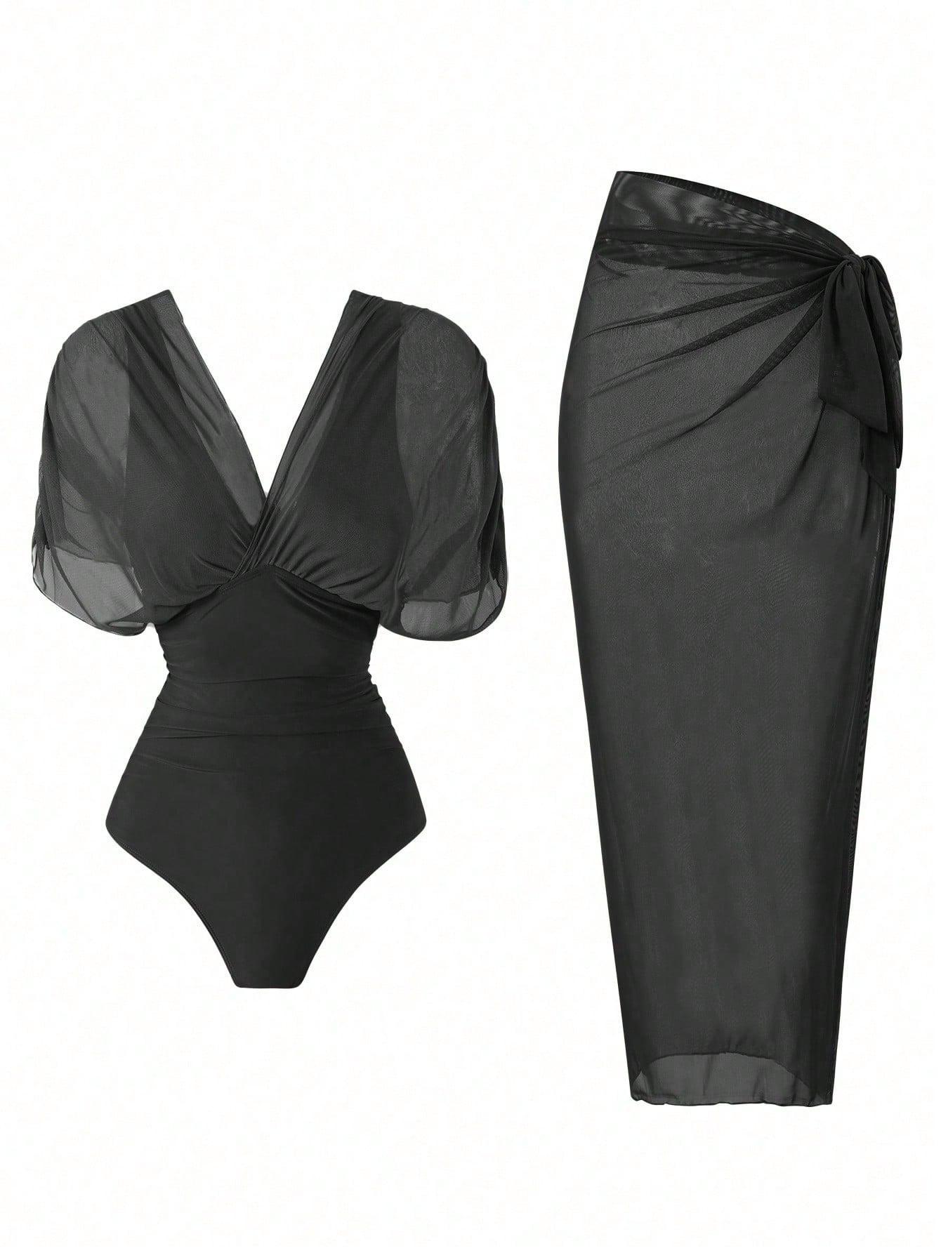 Swim Oasis 2026 New Spring/Summer Women 2pcs Solid Color Swimsuit With Mesh Maxi Dress, Beach Vacation Casual - image 14