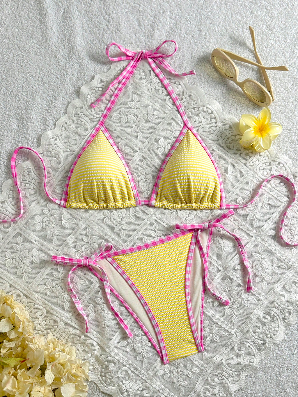 Swim Mod 2pcs Women's Sweet Cute Pink Plaid Trim Knit Jacquard Yellow