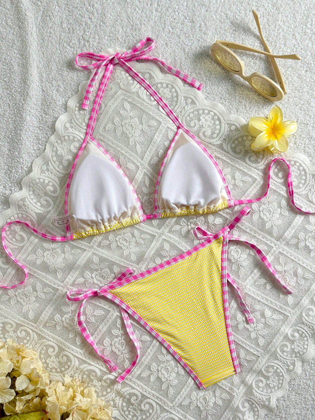 Swim Mod 2pcs Women's Sweet Cute Pink Plaid Trim Knit Jacquard Yellow