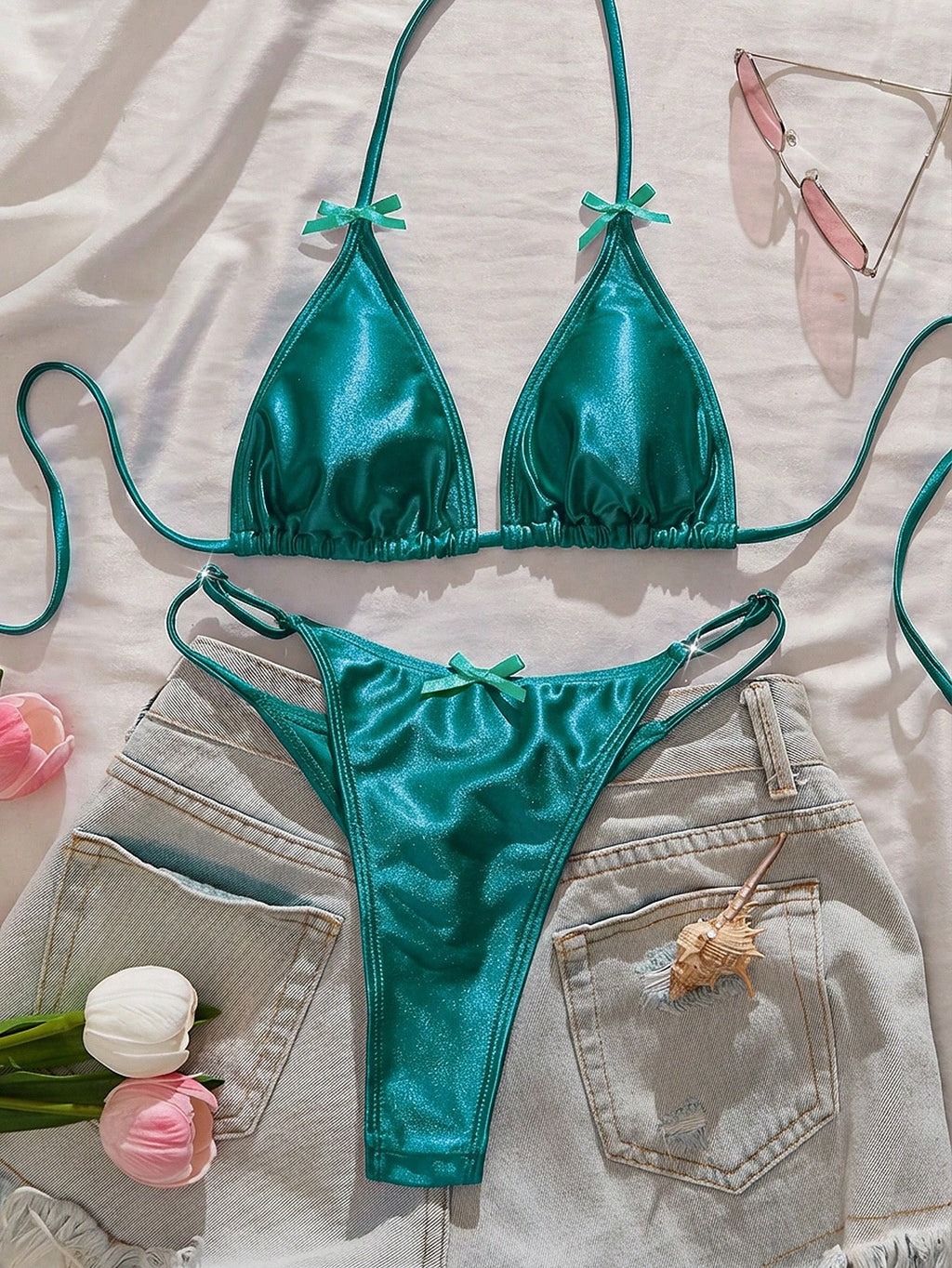 Women's Swimwear, Sexy Satin Shiny Bikini/Outerwear/Casual/Y2K/Sexy Outfit/Weste