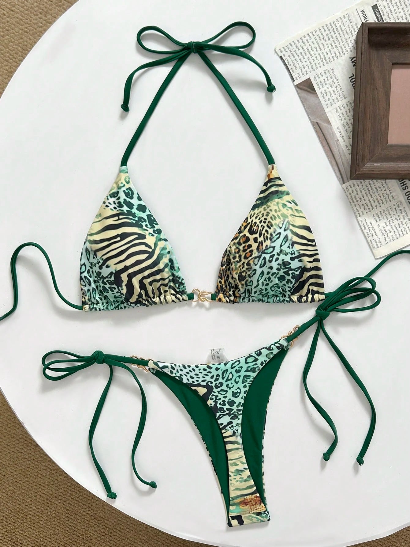 Swim Mod Spring/Summer Digital Print Triangle Wireless Bra Top And Side Tie Biki