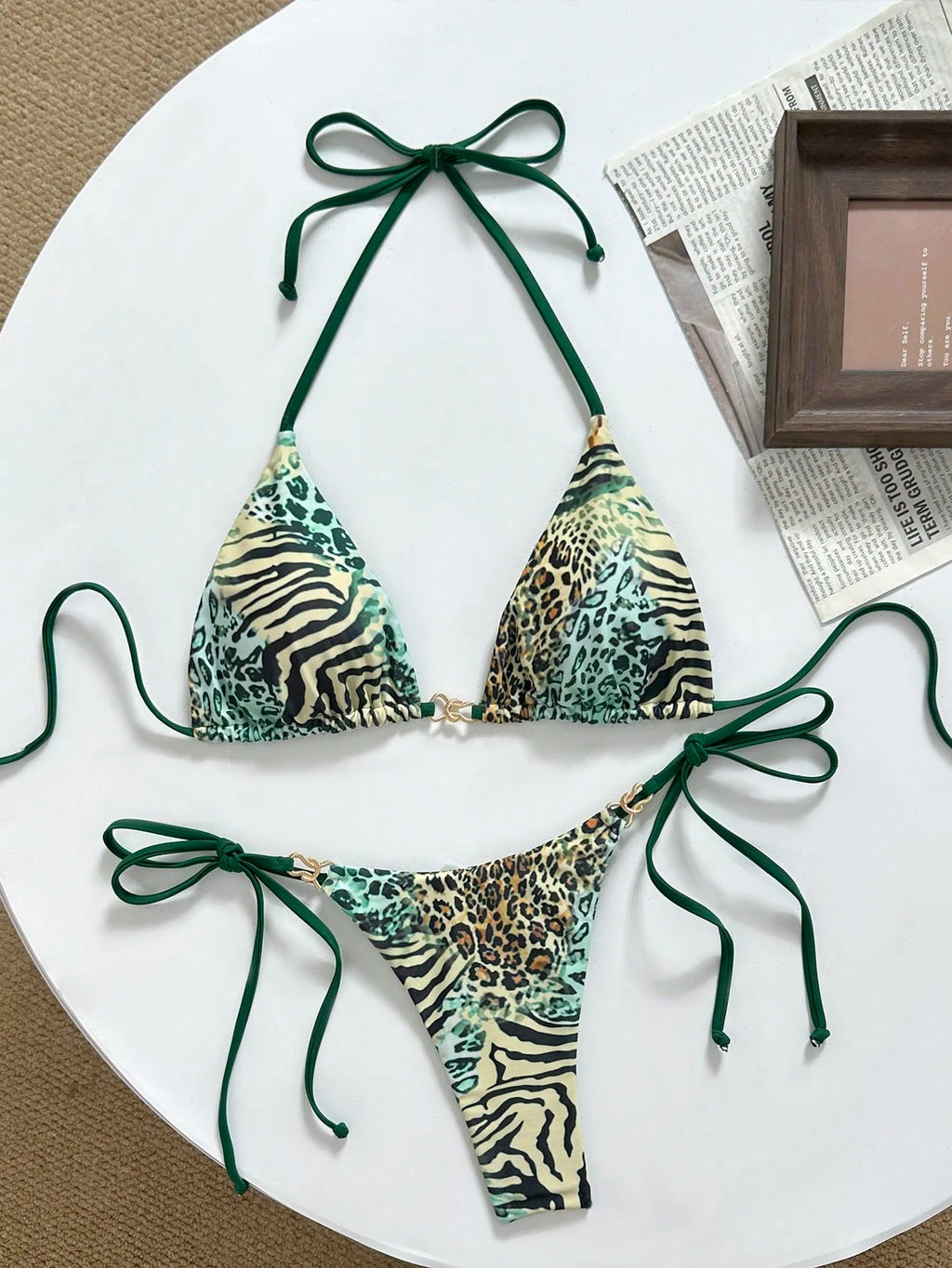 Swim Mod Spring/Summer Digital Print Triangle Wireless Bra Top And Side Tie Biki