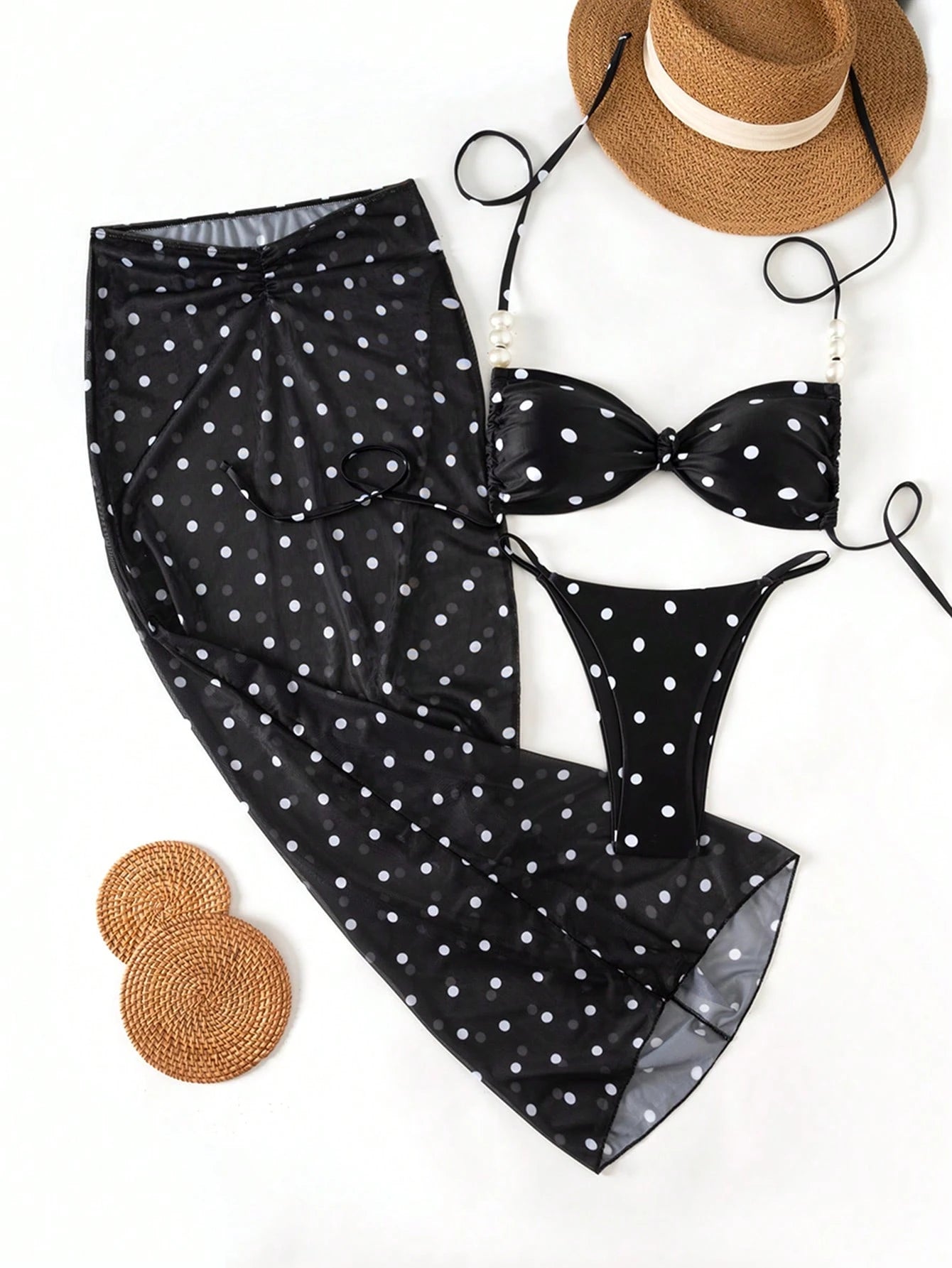 Bonvoyette Swim 3pcs/Set Asymmetrical Pearl Decor Bandeau Bikini,Ruched Front Sk