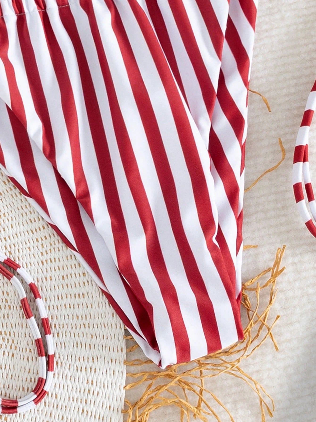 Women's Summer Halter Tie Strap Red And White Striped Sexy Bikini Swimwear Set,