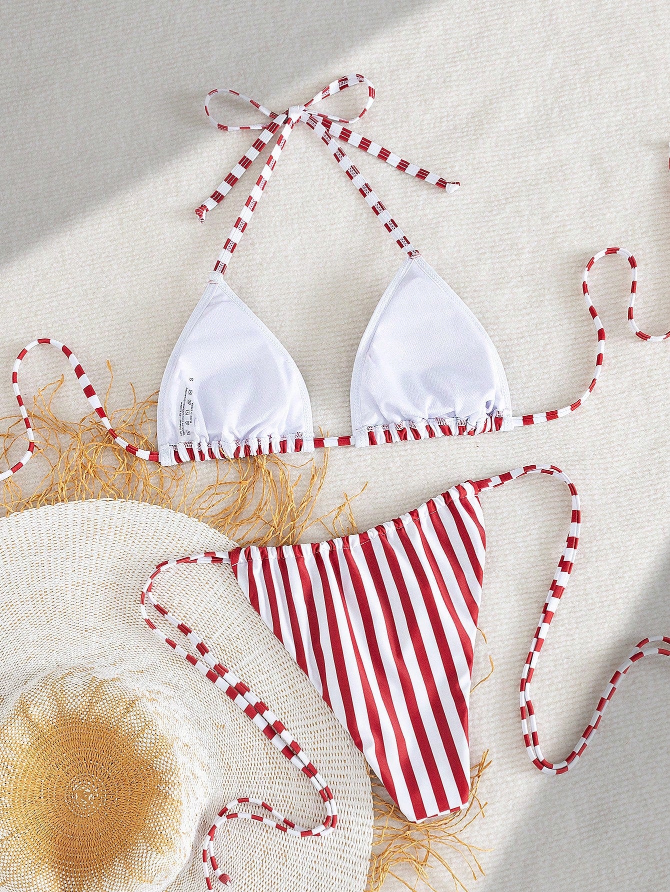 Women's Summer Halter Tie Strap Red And White Striped Sexy Bikini Swimwear Set,