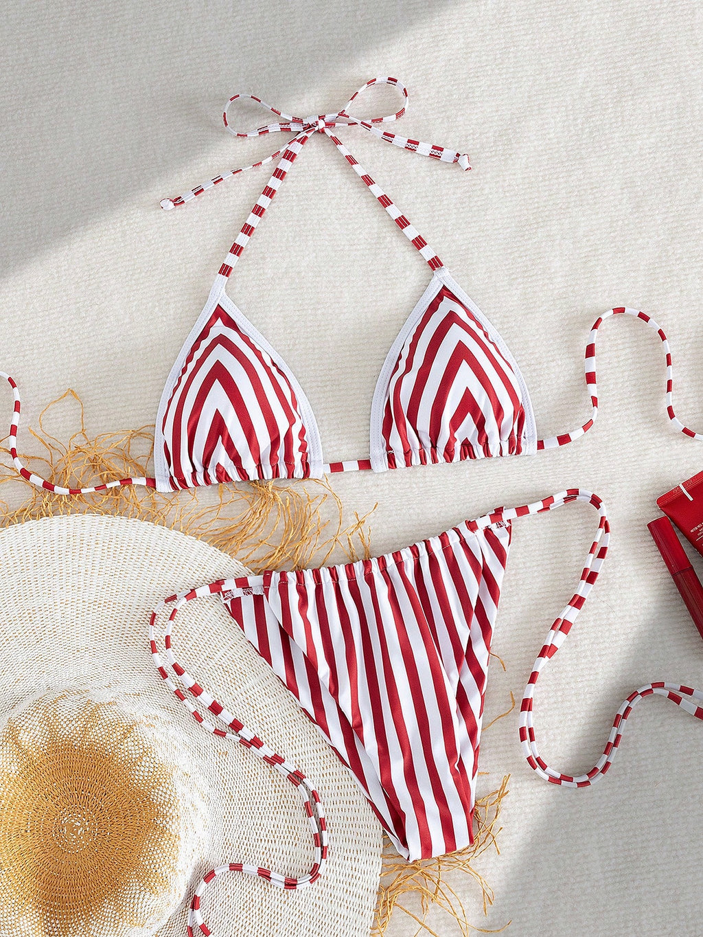 Women's Summer Halter Tie Strap Red And White Striped Sexy Bikini Swimwear Set,