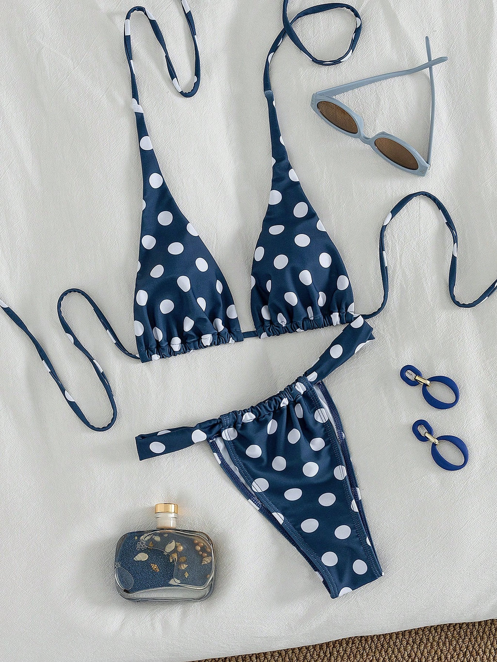 Women's Sexy Blue & Brown Polka Dot Bikini Set, Suitable For Beach,