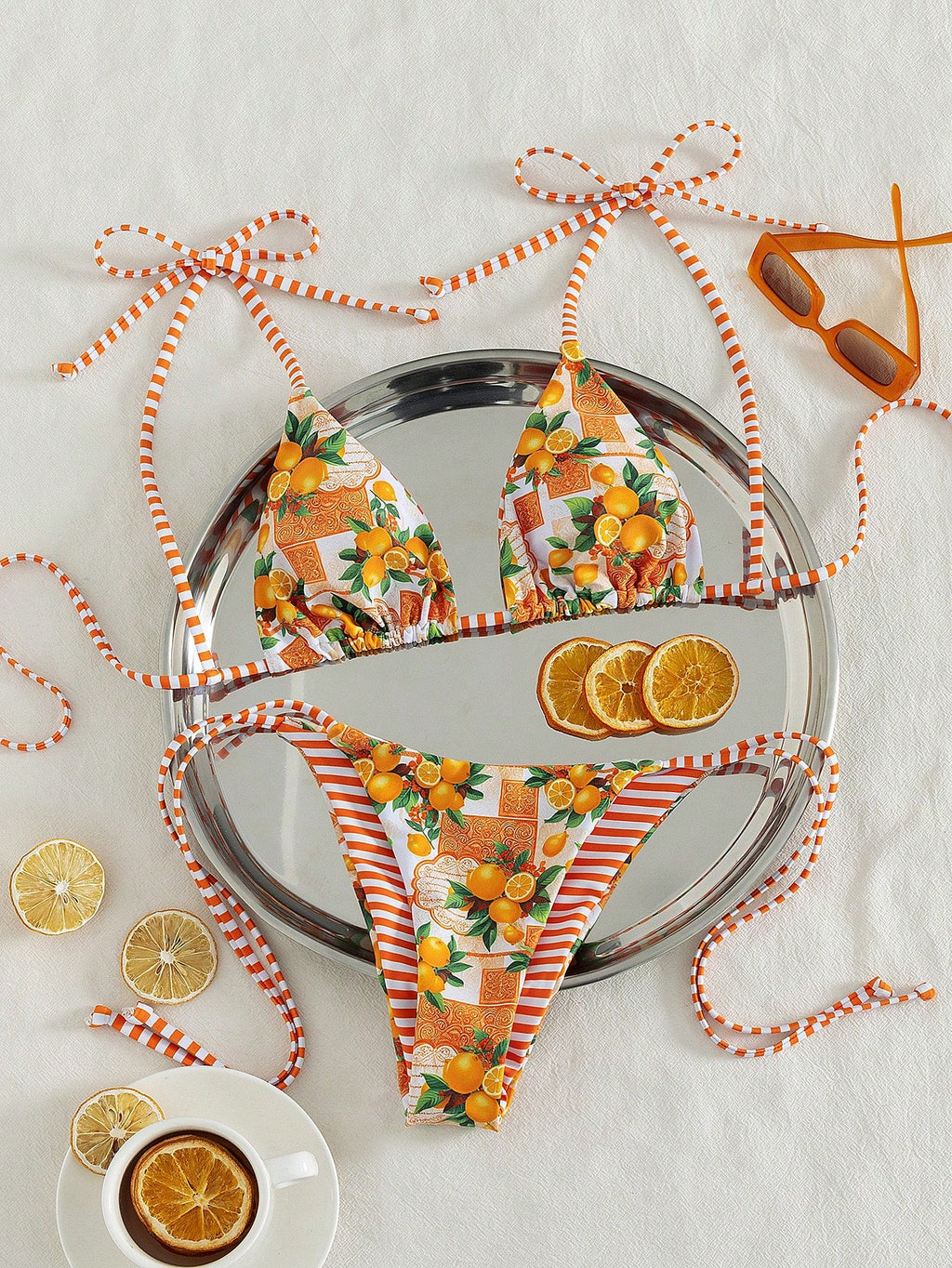 Swim Vcay Women Beach Summer Music Festival Bowknot Stripe Lemon Printed Knot Cu