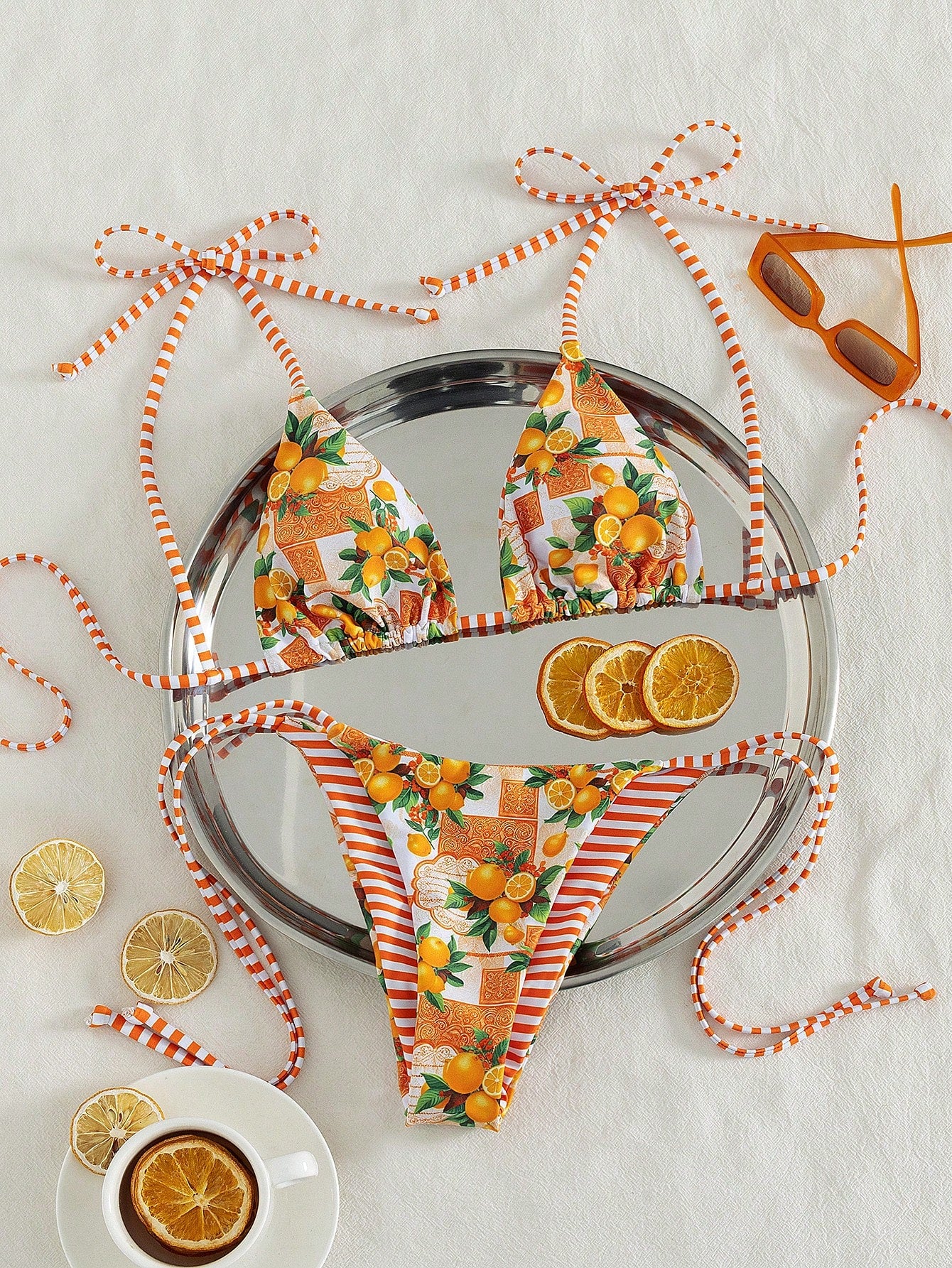 Swim Vcay Women Beach Summer Music Festival Bowknot Stripe Lemon Printed Knot Cu