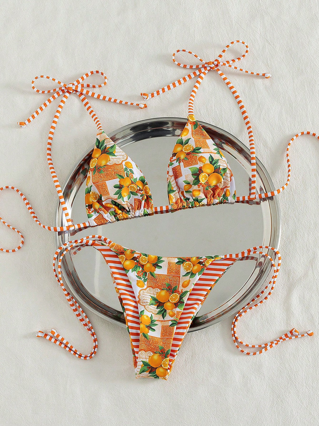 Swim Vcay Women Beach Summer Music Festival Bowknot Stripe Lemon Printed Knot Cu