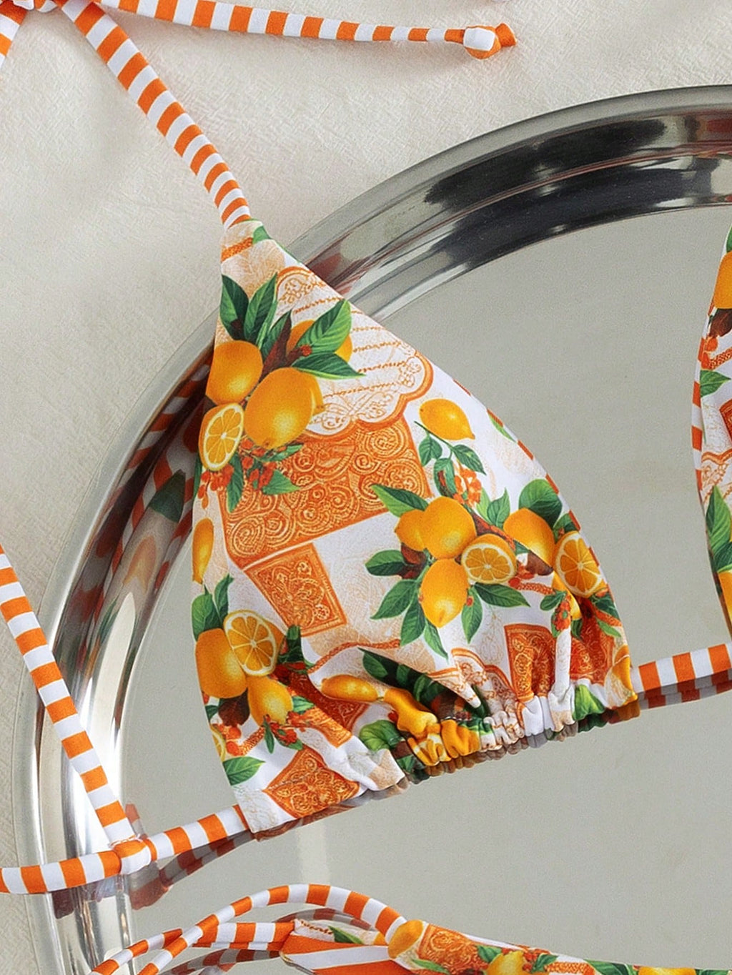 Swim Vcay Women Beach Summer Music Festival Bowknot Stripe Lemon Printed Knot Cute Holiday Bikini Set - image 6