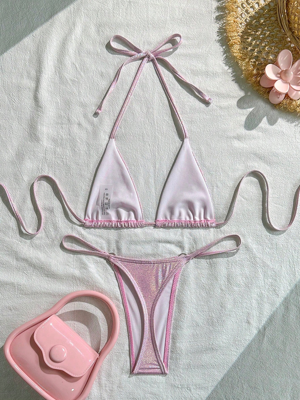 Swim SXY Summer Beach Metallic Bikini Set Micro Triangle Bra & O-Ring Linked Tho
