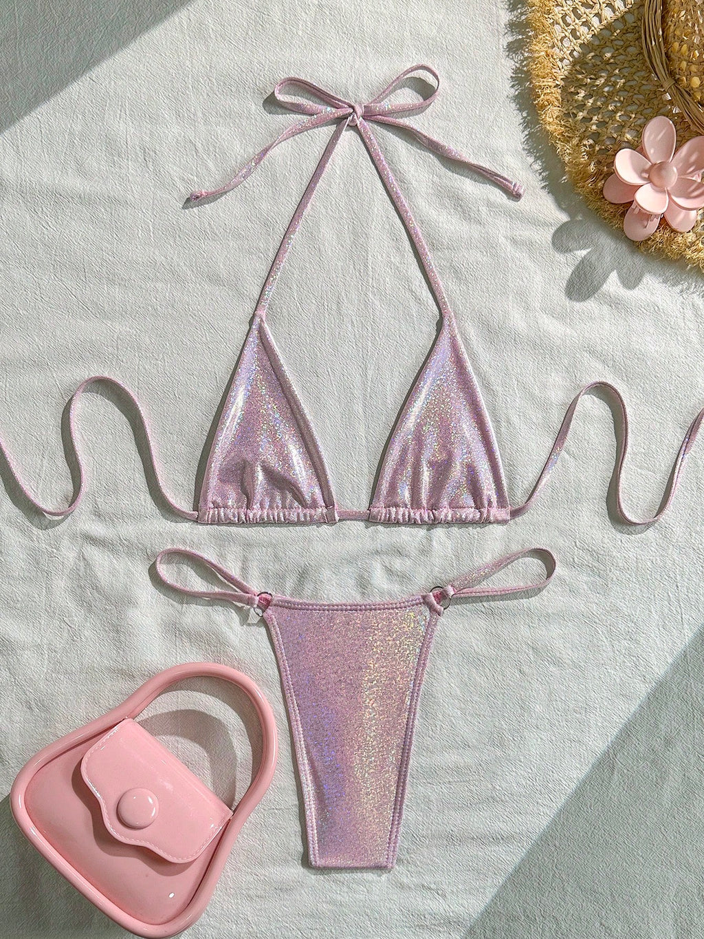 Swim SXY Summer Beach Metallic Bikini Set Micro Triangle Bra & O-Ring Linked Tho