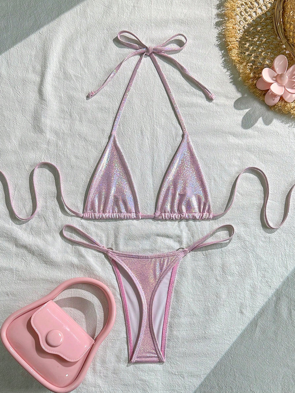 Swim SXY Summer Beach Metallic Bikini Set Micro Triangle Bra & O-Ring Linked Tho