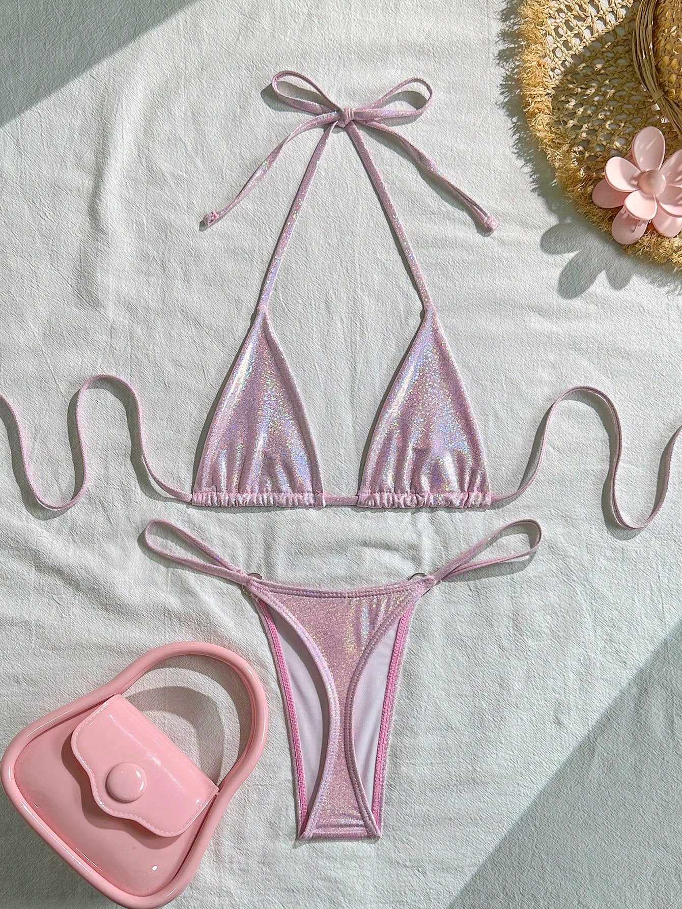 Swim SXY Summer Beach Metallic Bikini Set Micro Triangle Bra & O-Ring Linked Tho