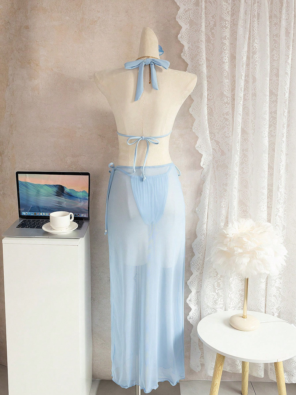 Bonvoyette Women's Light Blue 3 Pieces Bikini Set,Halter Neck Pearl