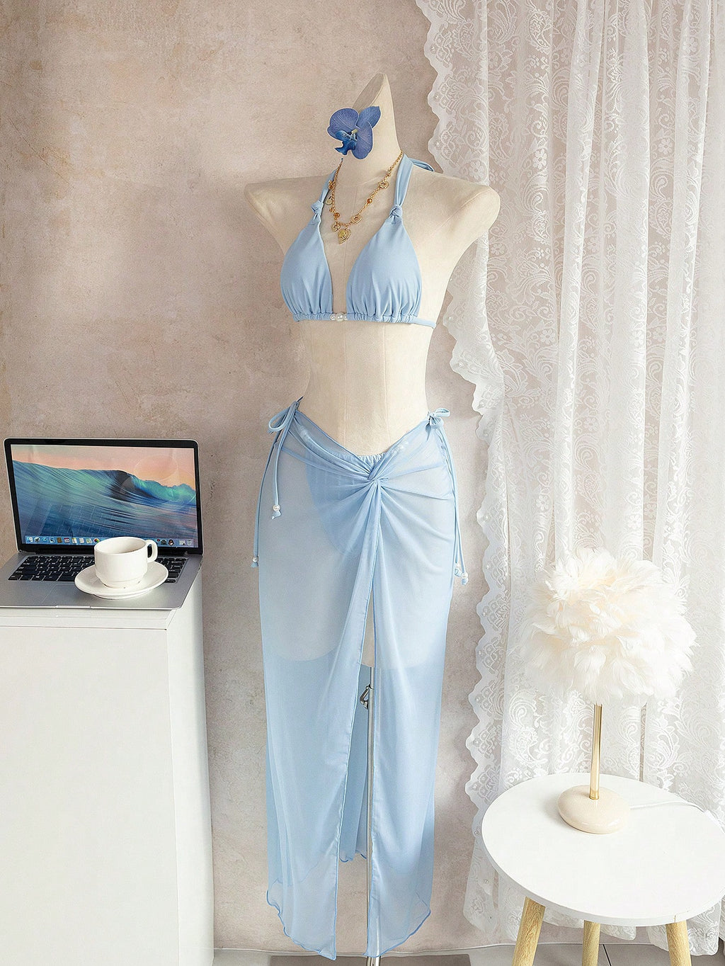 Bonvoyette Women's Light Blue 3 Pieces Bikini Set,Halter Neck Pearl