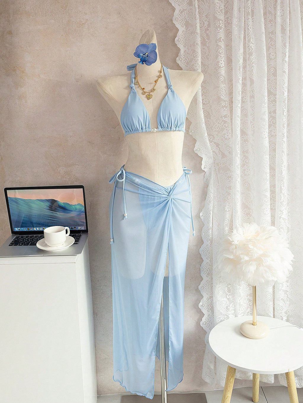 Bonvoyette Women's Light Blue 3 Pieces Bikini Set,Halter Neck Pearl
