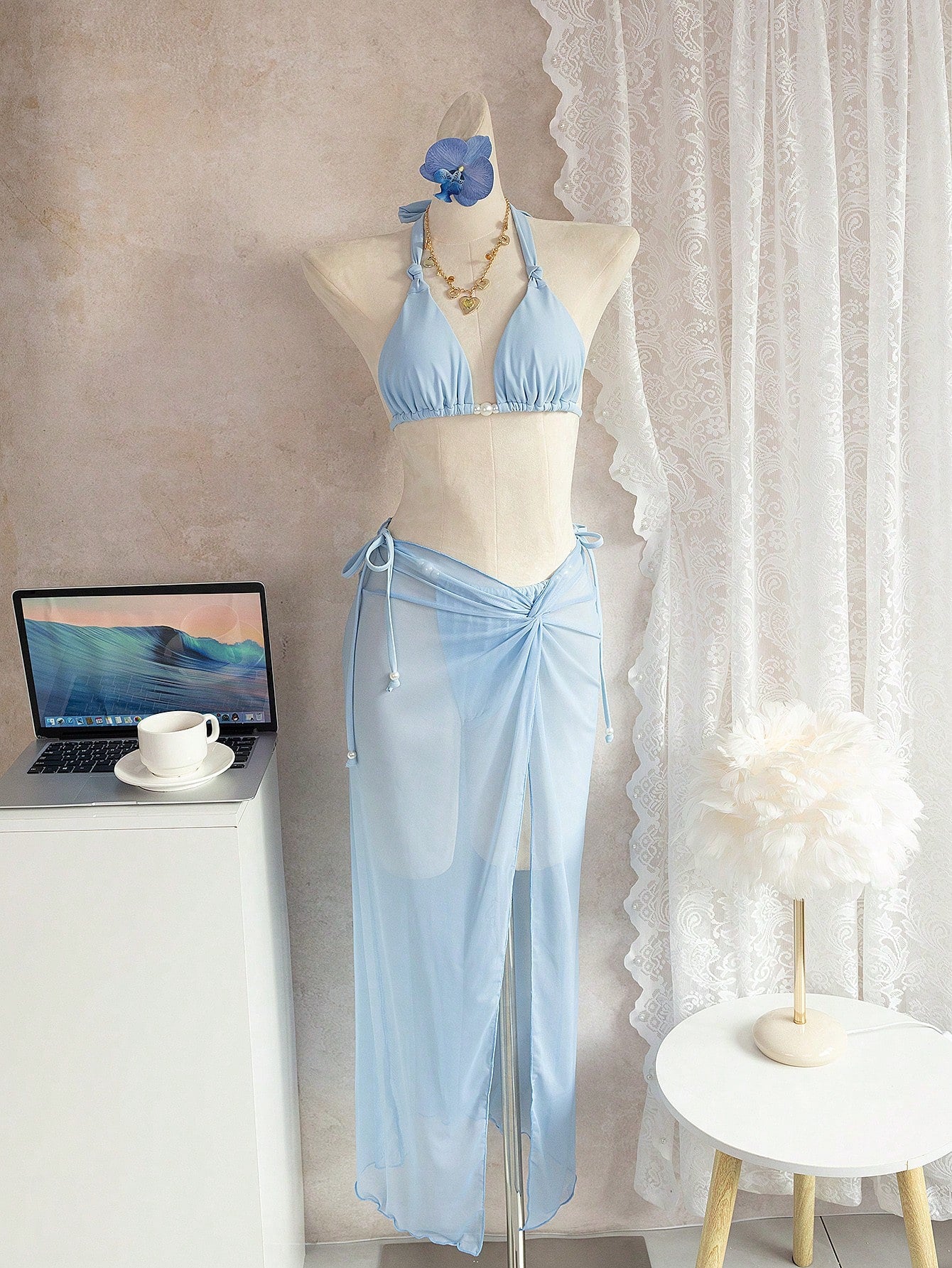 Bonvoyette Women's Light Blue 3 Pieces Bikini Set,Halter Neck Pearl