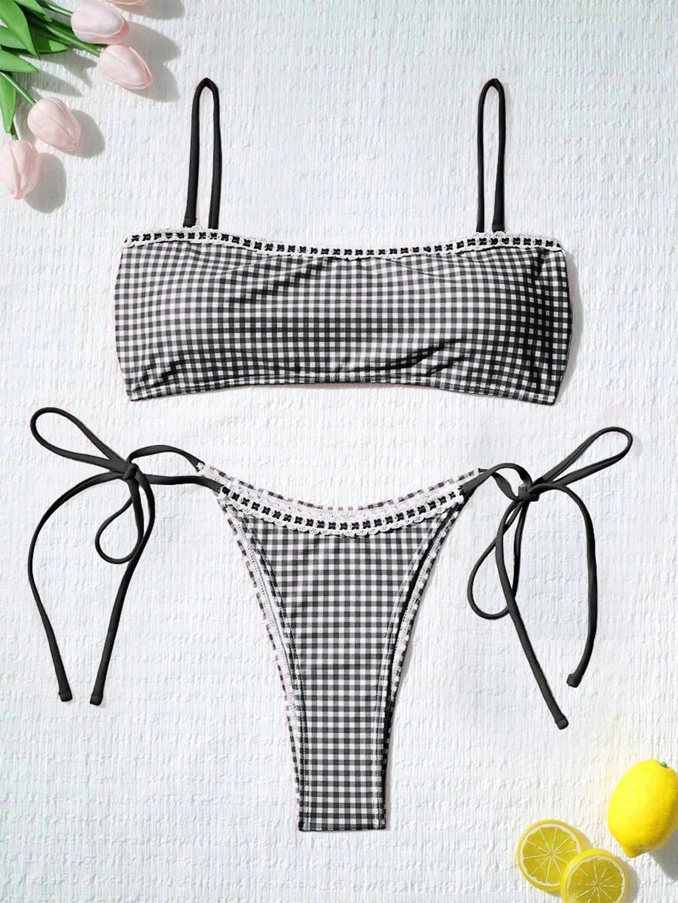 Women's Cute Plaid Print Bow Tie Ruffle Backless Bikini Set, Suitable For Summer Beach, Easter, St. Patrick's - image 9