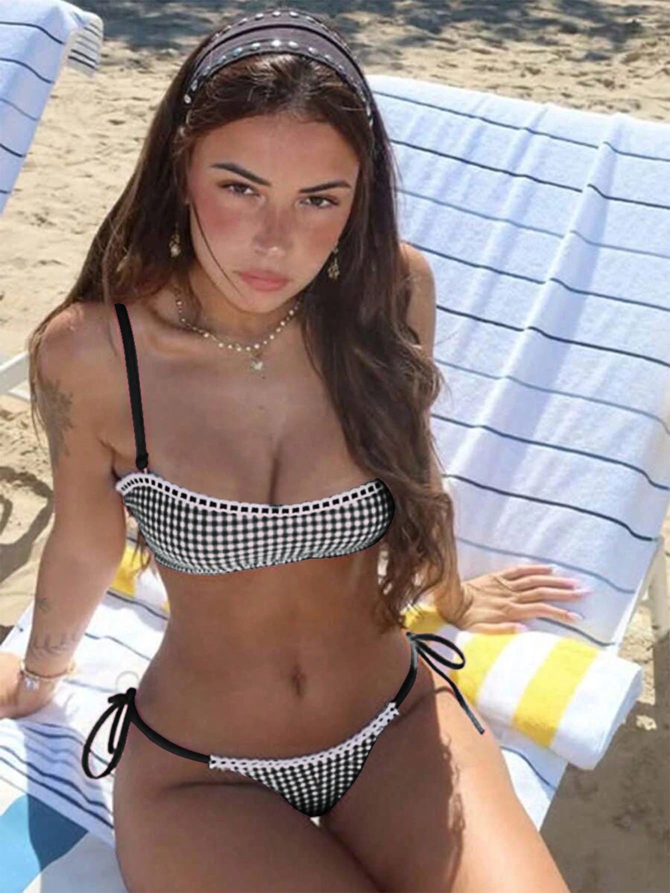 Women's Cute Plaid Print Bow Tie Ruffle Backless Bikini Set, Suitable For Summer Beach, Easter, St. Patrick's - image 8