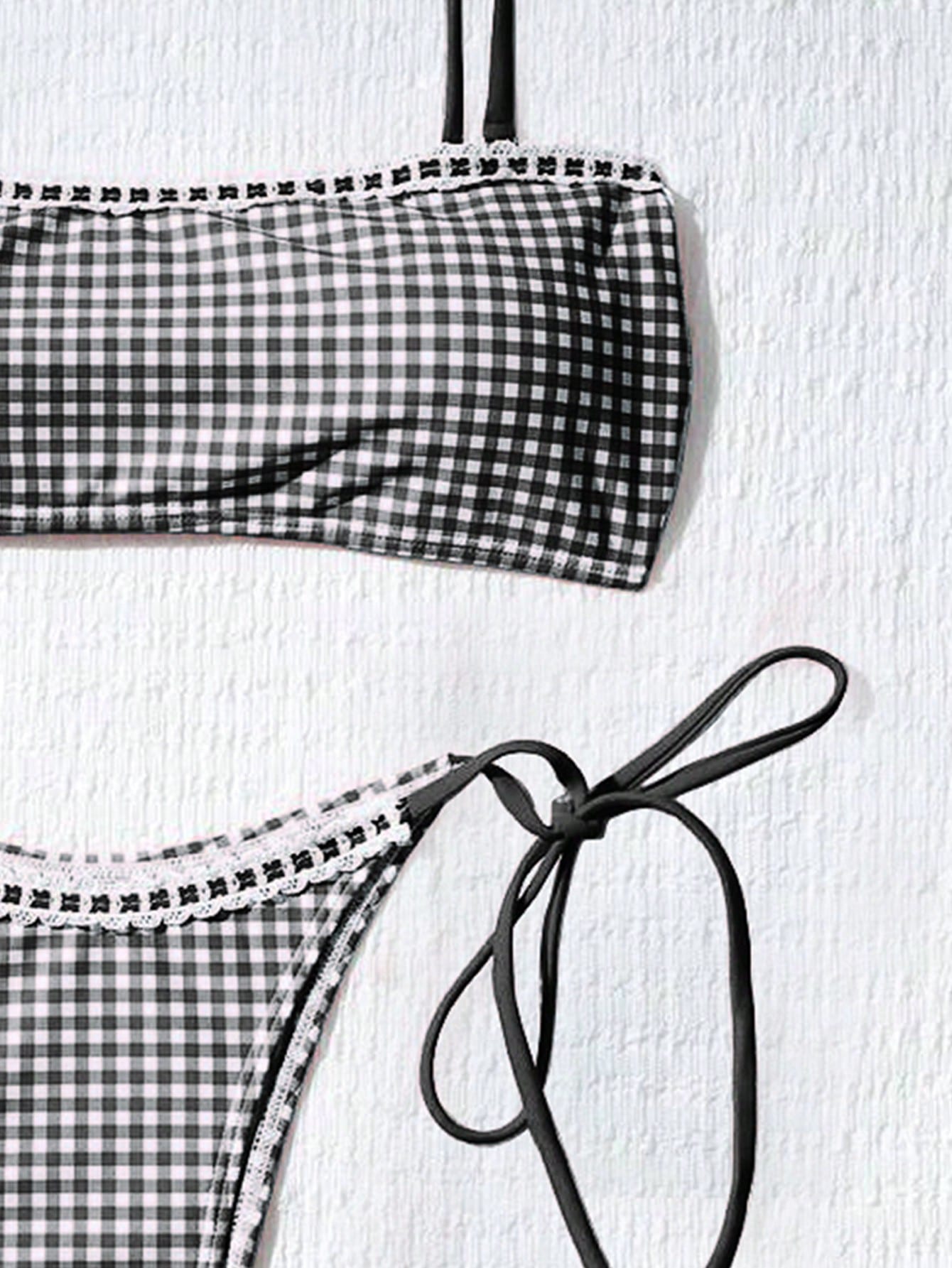 Women's Cute Plaid Print Bow Tie Ruffle Backless Bikini Set, Suitable For Summer Beach, Easter, St. Patrick's - image 13
