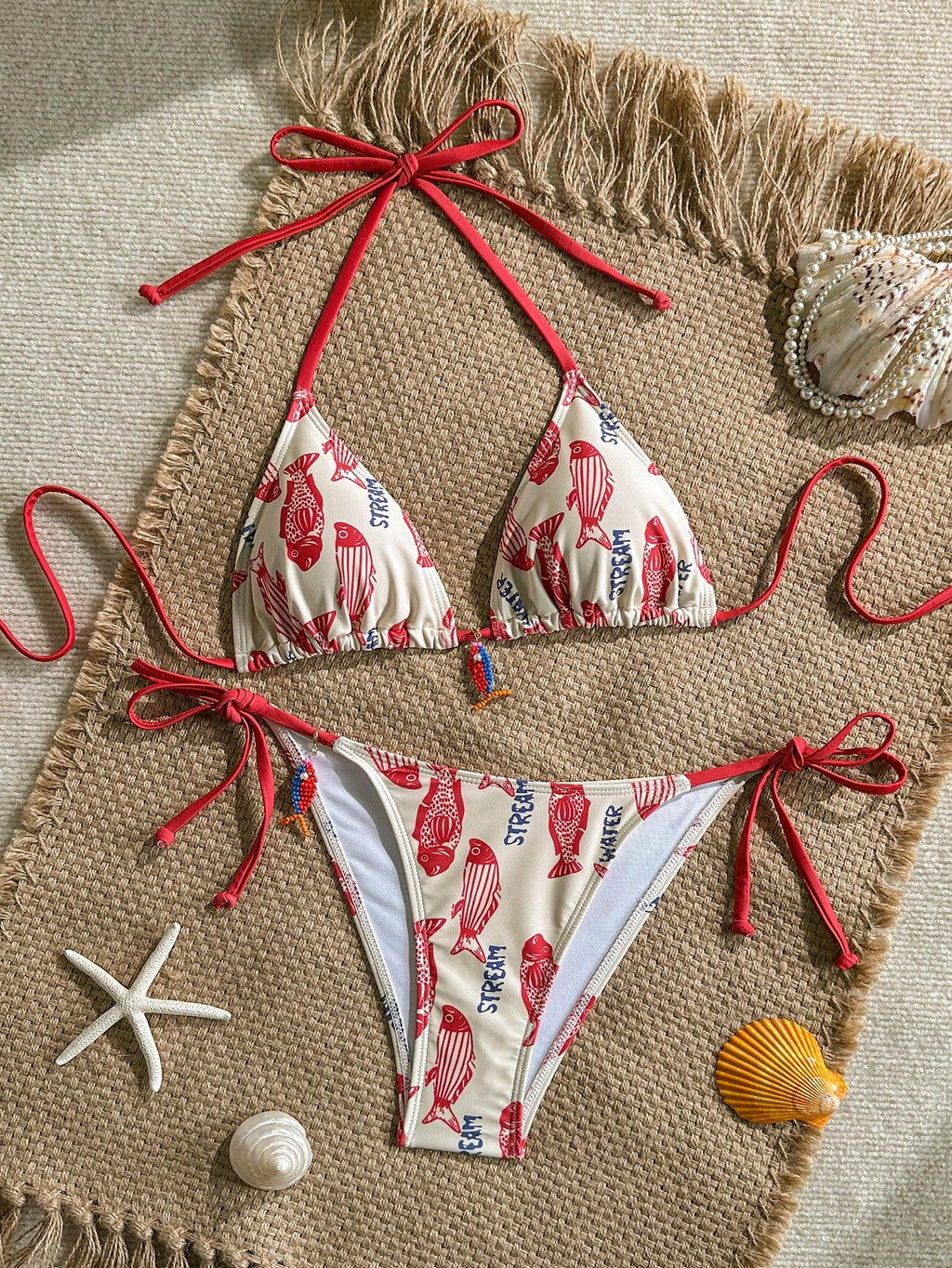 Swim Mod 2pcs Women's Swimwear Set, Random Fish & Letter Print Padded