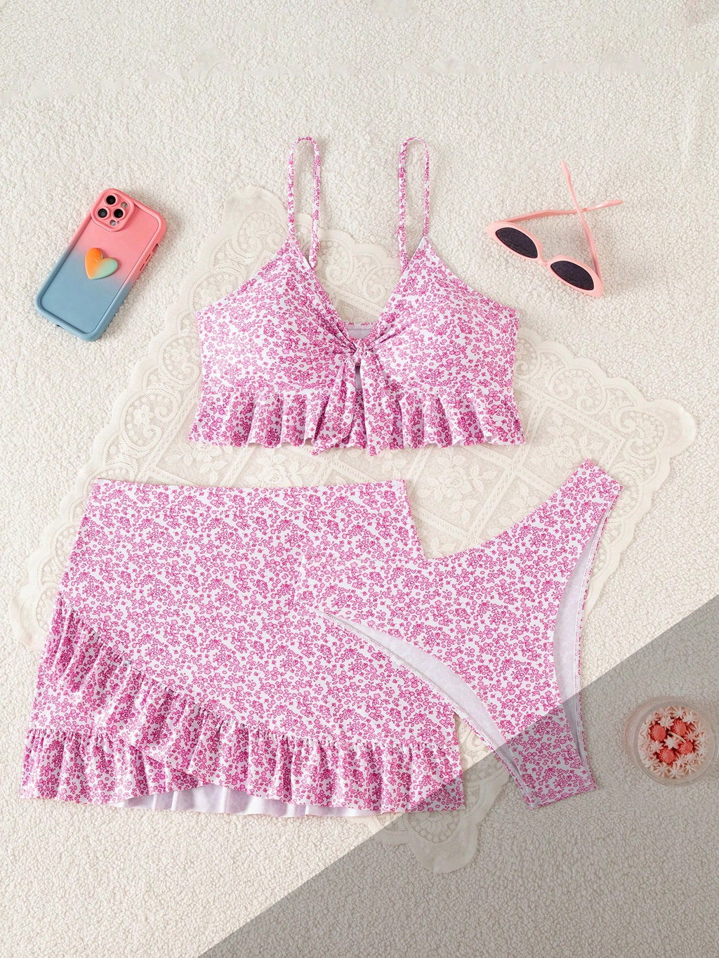 Swim Summer Beach Women's Full-Print Random Pattern Ruffle Hem 3pcs