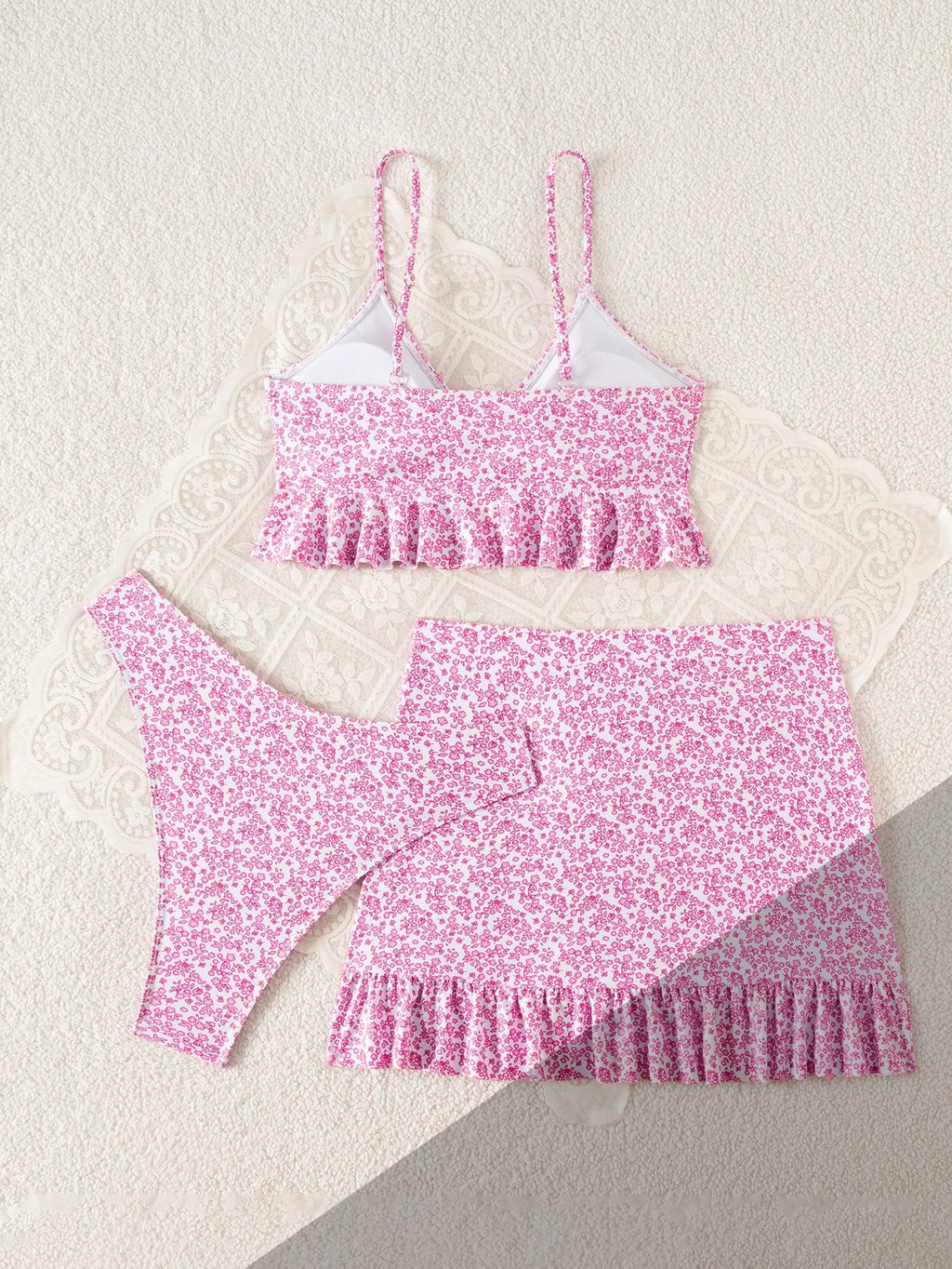 Swim Summer Beach Women's Full-Print Random Pattern Ruffle Hem 3pcs