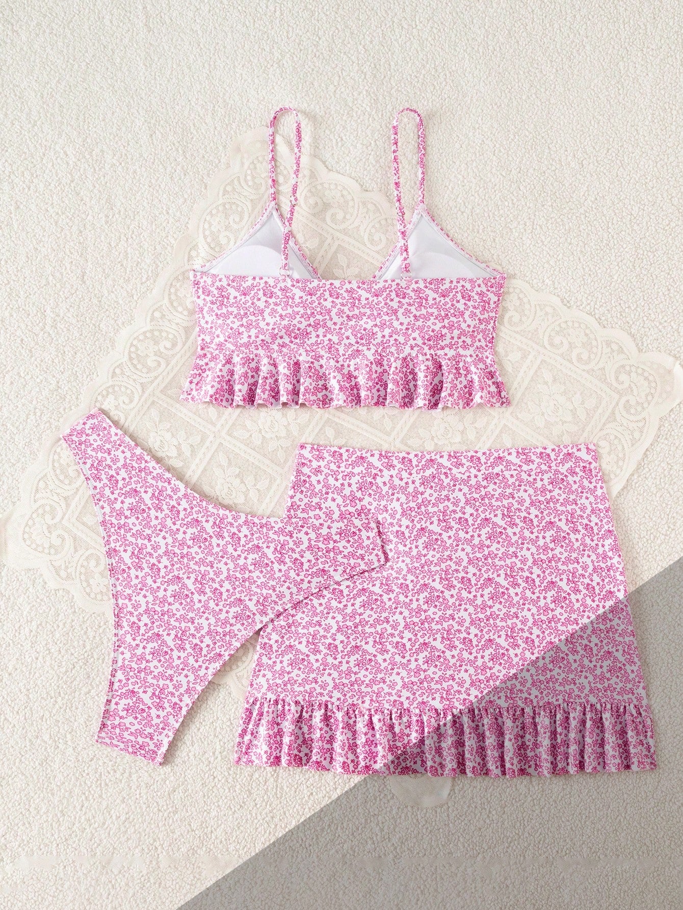 Swim Summer Beach Women's Full-Print Random Pattern Ruffle Hem 3pcs