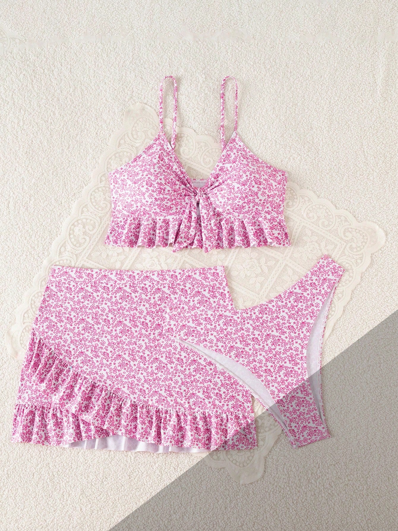 Swim Summer Beach Women's Full-Print Random Pattern Ruffle Hem 3pcs