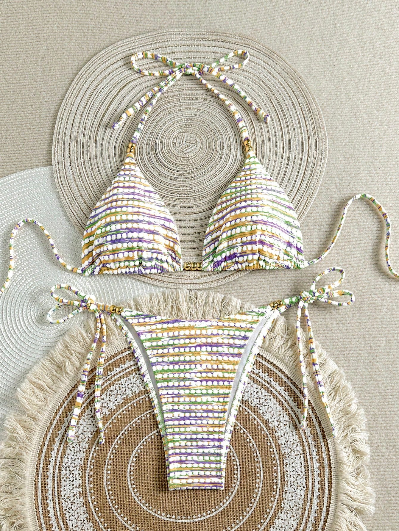 Mother's Day 1pc Elegant Colorful Striped Beaded Halter Bikini Set,