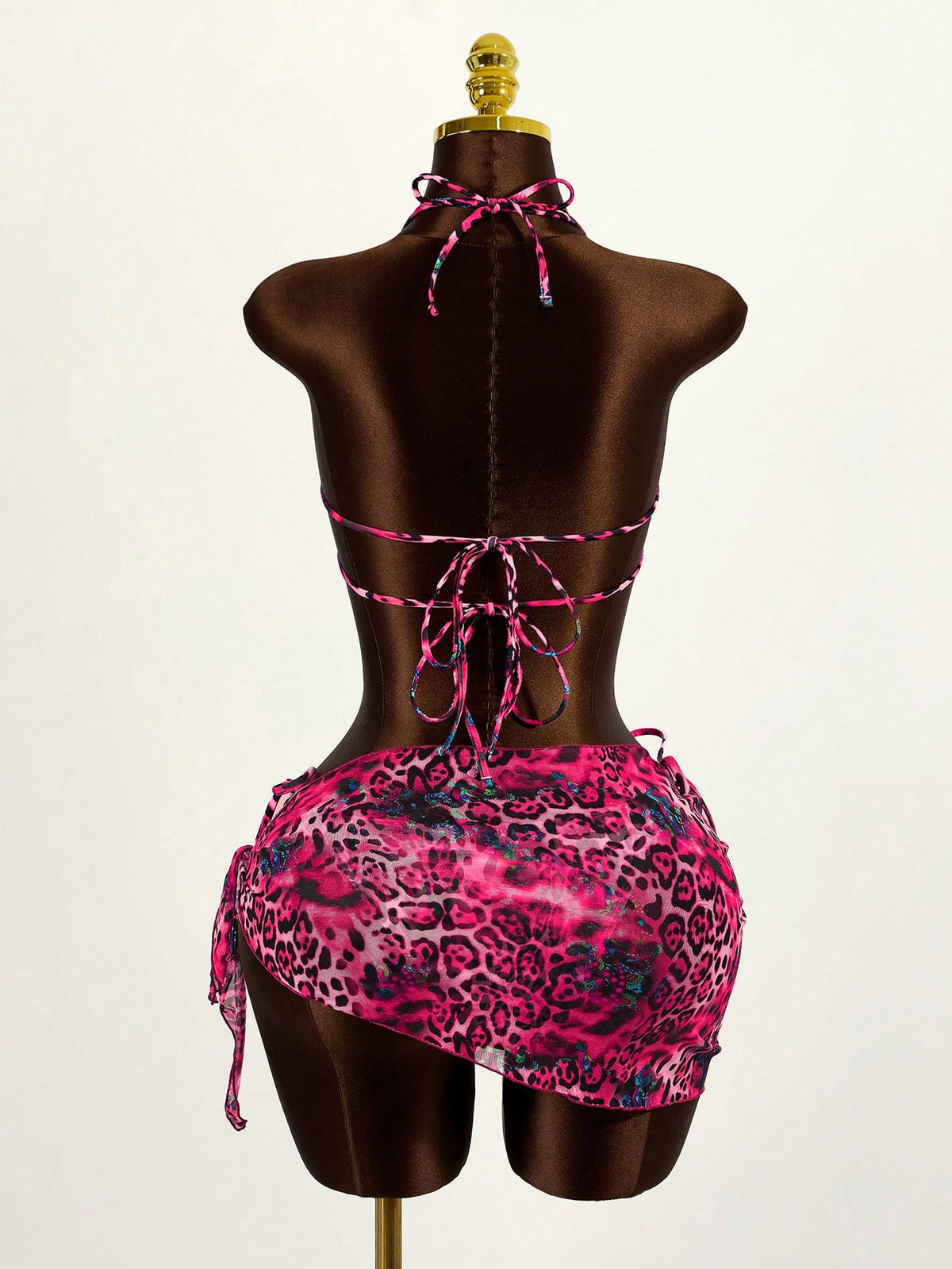 Mistrie Women's Summer Beach Leopard Print Halter Tie Sexy Bikini Set With Cover Up Skirt - image 11