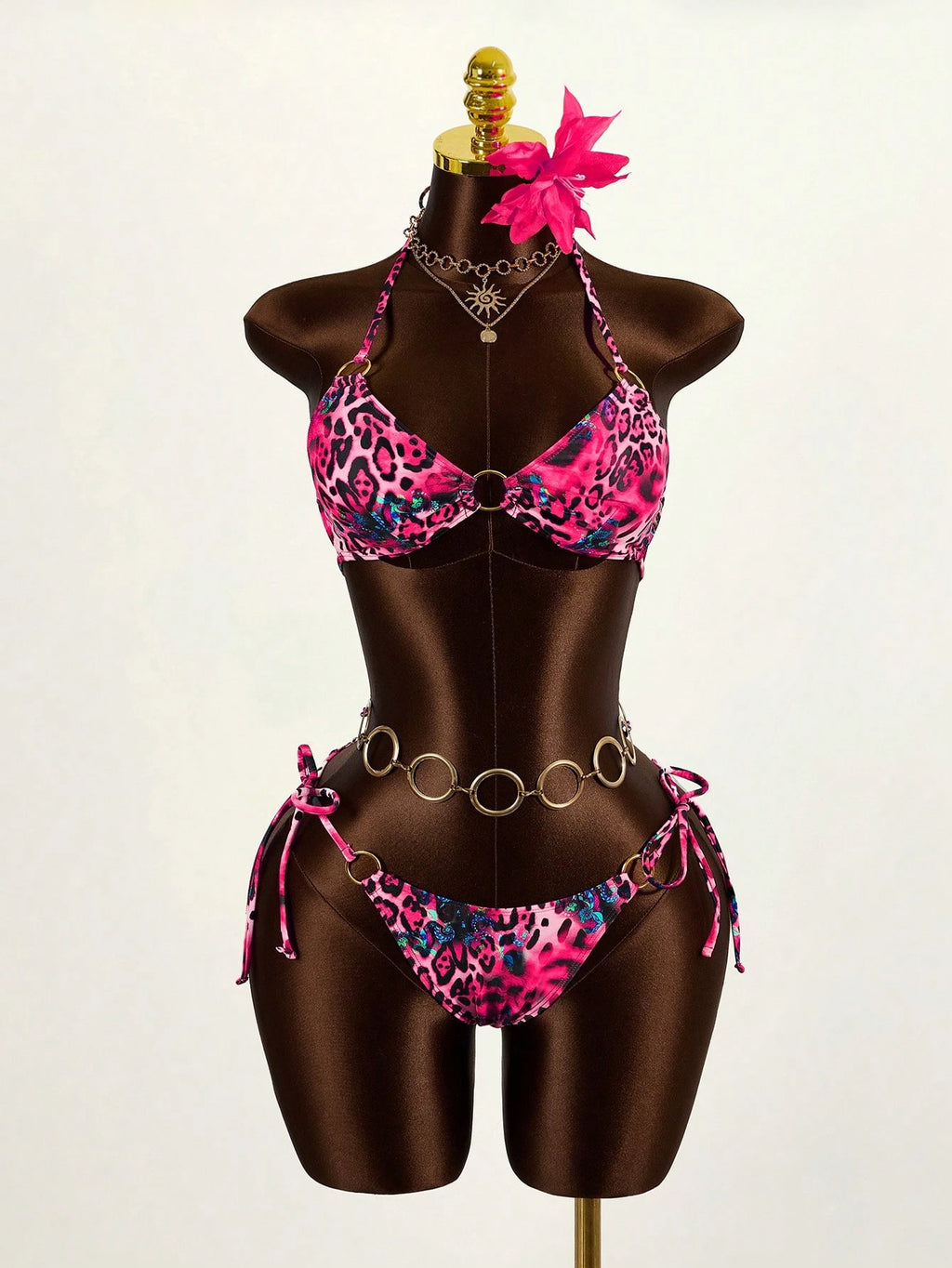 Mistrie Women's Summer Beach Leopard Print Halter Tie Sexy Bikini Set