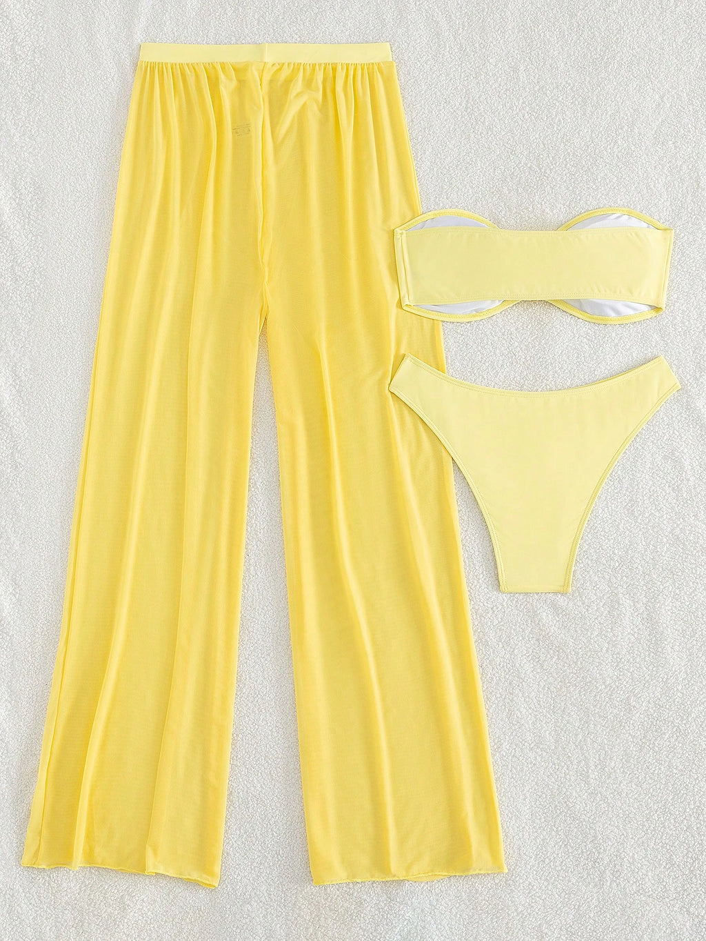 Costavie 3pcs/Set New Yellow Bandeau Top, Triangle Bottoms, And Mesh Beach Pants