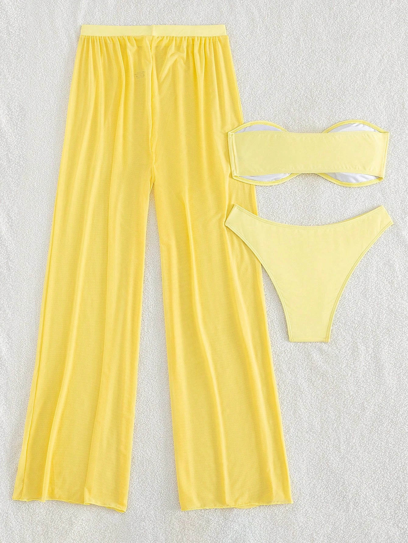 Costavie 3pcs/Set New Yellow Bandeau Top, Triangle Bottoms, And Mesh Beach Pants
