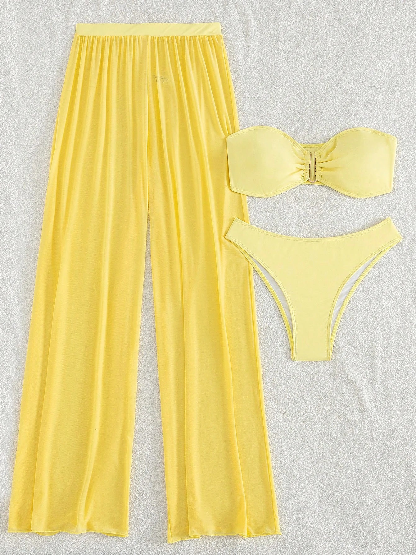 Costavie 3pcs/Set New Yellow Bandeau Top, Triangle Bottoms, And Mesh Beach Pants