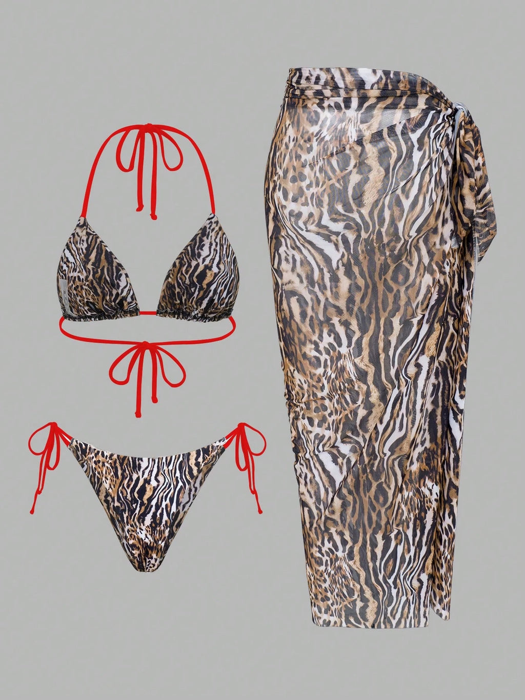 Swim SXY 3pcs Leopard & Solid Color Mixed Print Triangle Halter Sexy
