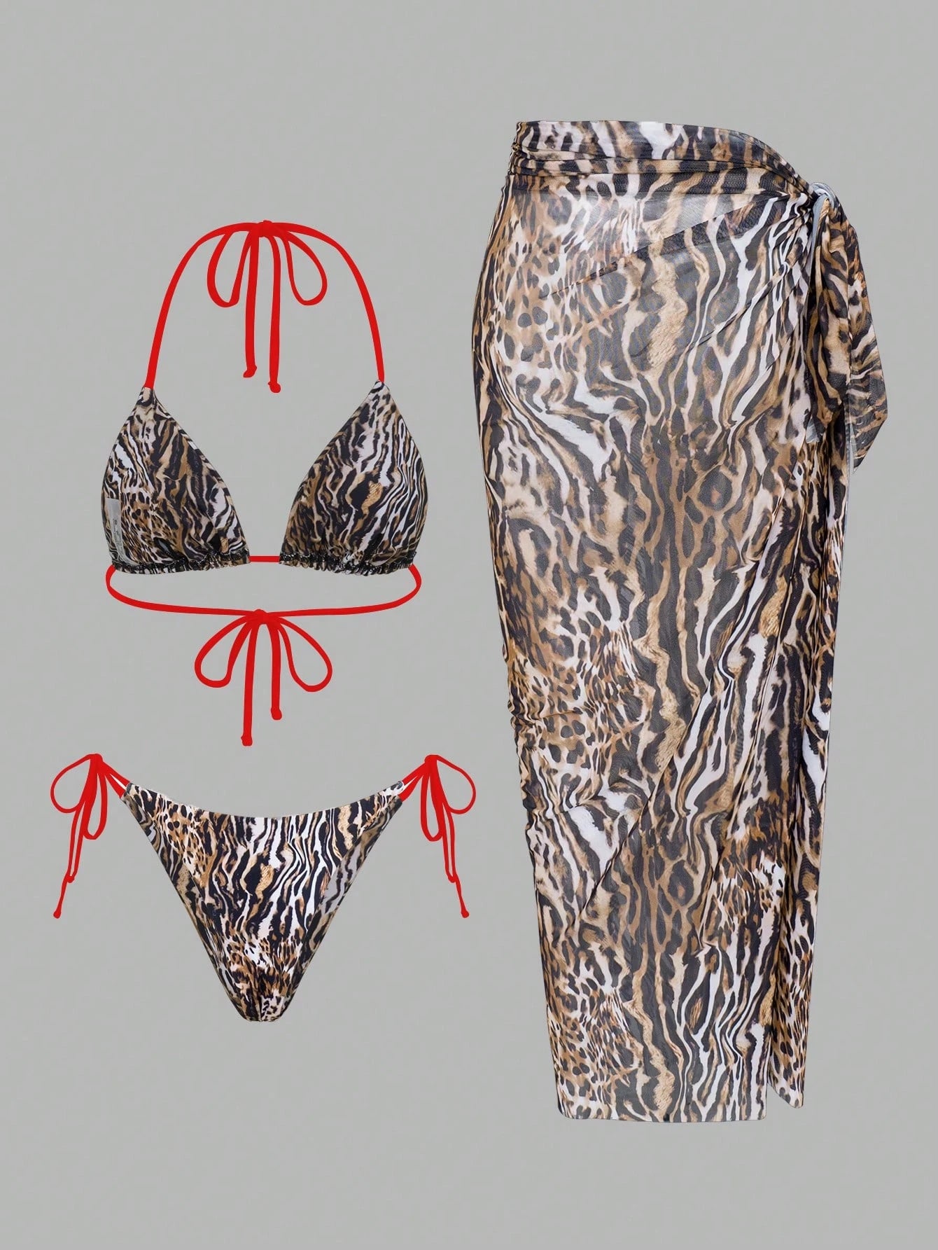 Swim SXY 3pcs Leopard & Solid Color Mixed Print Triangle Halter Sexy